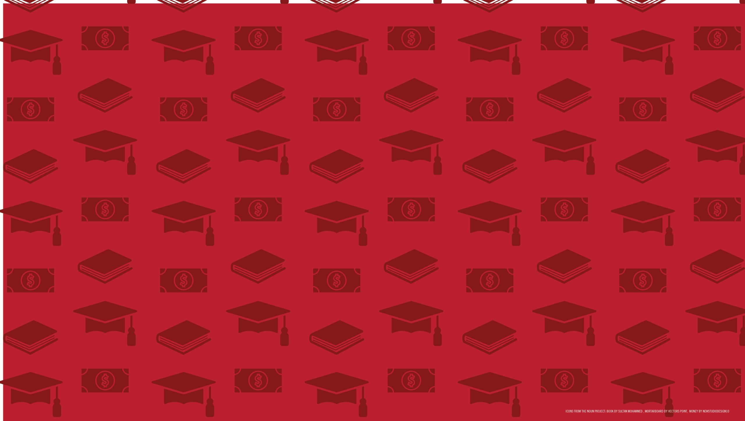 Red background pattern of mortarboard hat, book and money icons